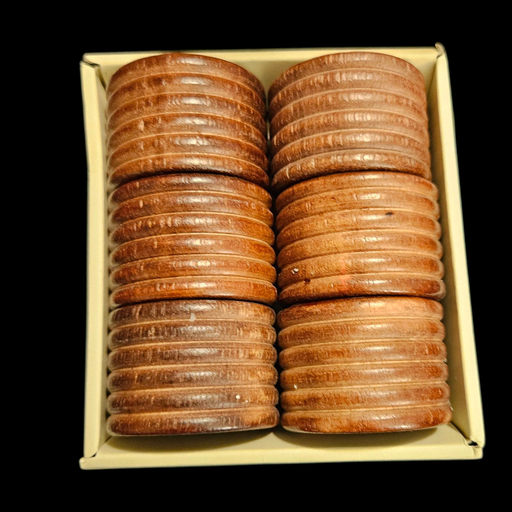 Pier 1 Imports Wood Napkin Rings Set of 6 Brown Ribbed Rustic Table Decor